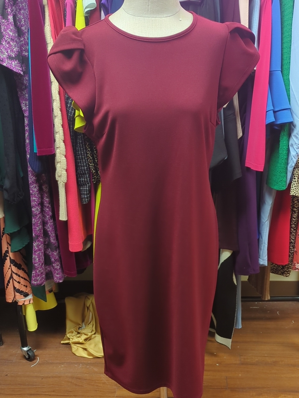 SHEIN Burgundy Puff Sleeve Midi Dress